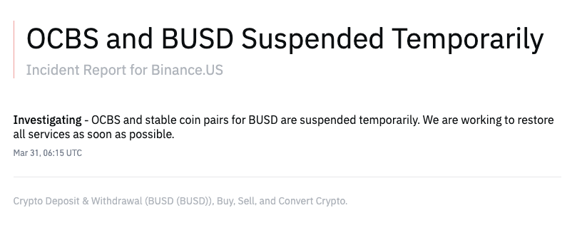 Suspendidos los depósitos y retiros de BUSD a través de OCBS en Binance.US
