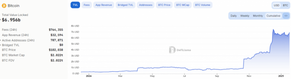 TVL Bitcoin DeFi вырос на 2000% на фоне рекордного 2024 года по цене BTC и принятию